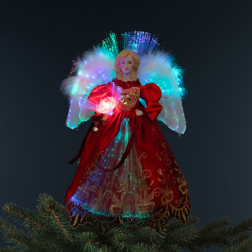 Lighted Fiber Optic Angel Christmas Tree Topper - 12" - Red and Gold